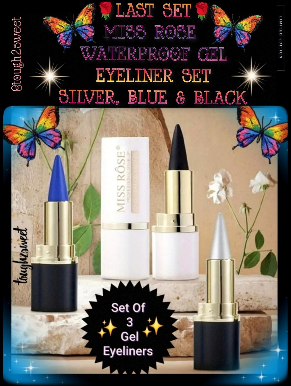 🆕️LAST SET🌹MISS ROSE WATERPROOF GEL EYELINER SET~SILVER, BLUE & BLACK